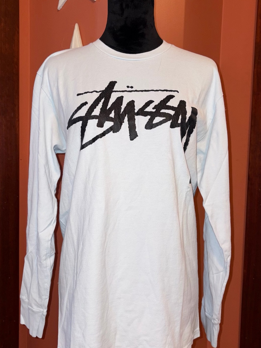 Stussy White Long Sleeve Shirt with Black Script Logo